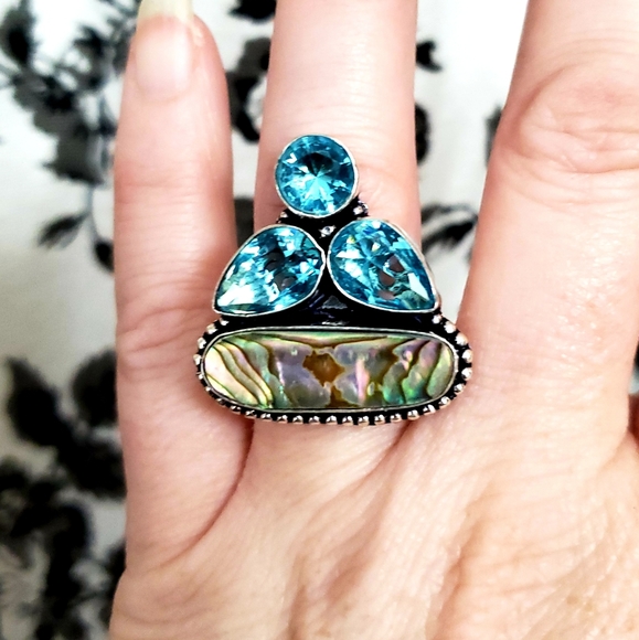 New Abalone Shell & Blue Topaz 925 Silver Ring. - Picture 2 of 7